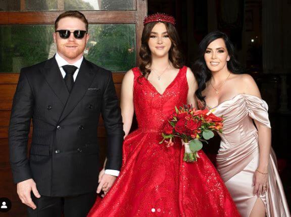 Emily Cinnamon Alvarez with her parents Canelo Alvarez and Karen Beltran.